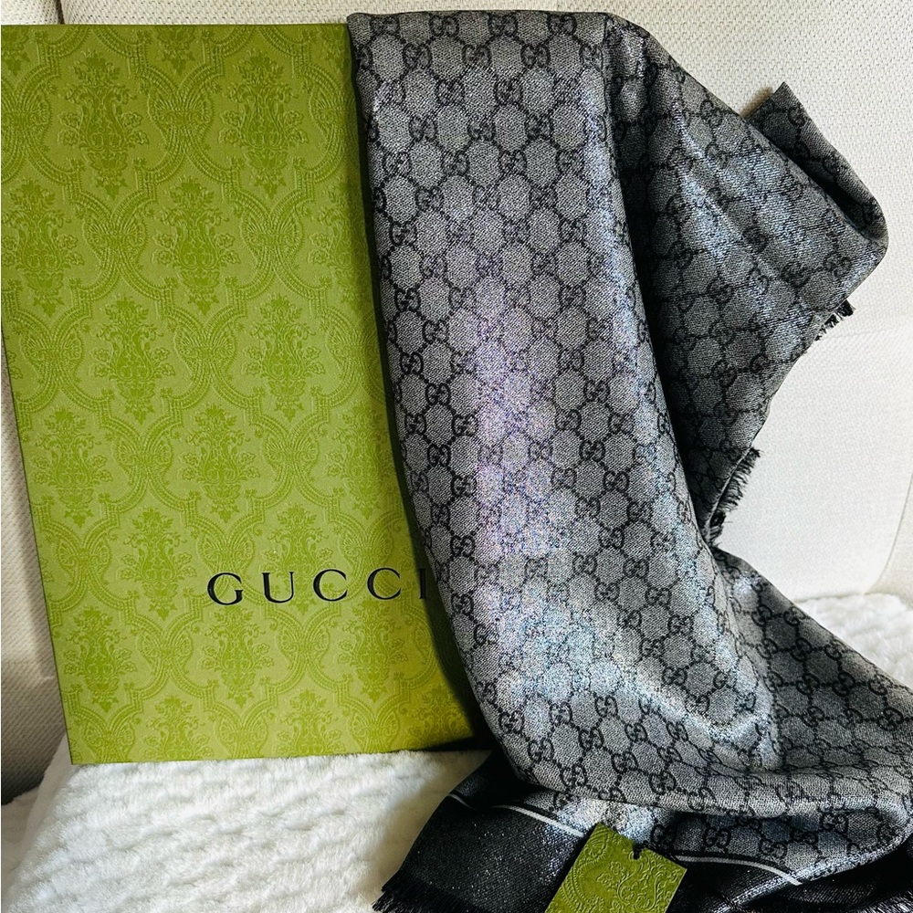 Gucci Scarf, Black and Gray with Iconic GG logo, NWT - Picture 7 of 12